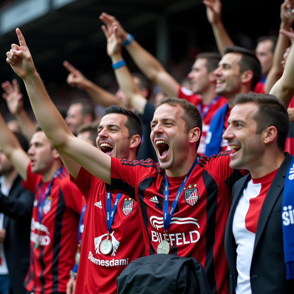 Fans beider Mannschaften feiern in der Bielefelder Alm