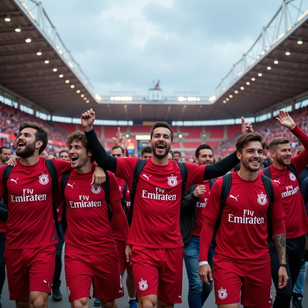 Fans in Leverkusen Trikots laufen gemeinsam zum Stadion