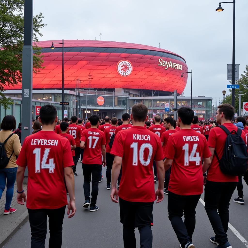 Fans in Leverkusen-Trikots strömen vom Bahnhof Leverkusen-Küppersteg zur BayArena