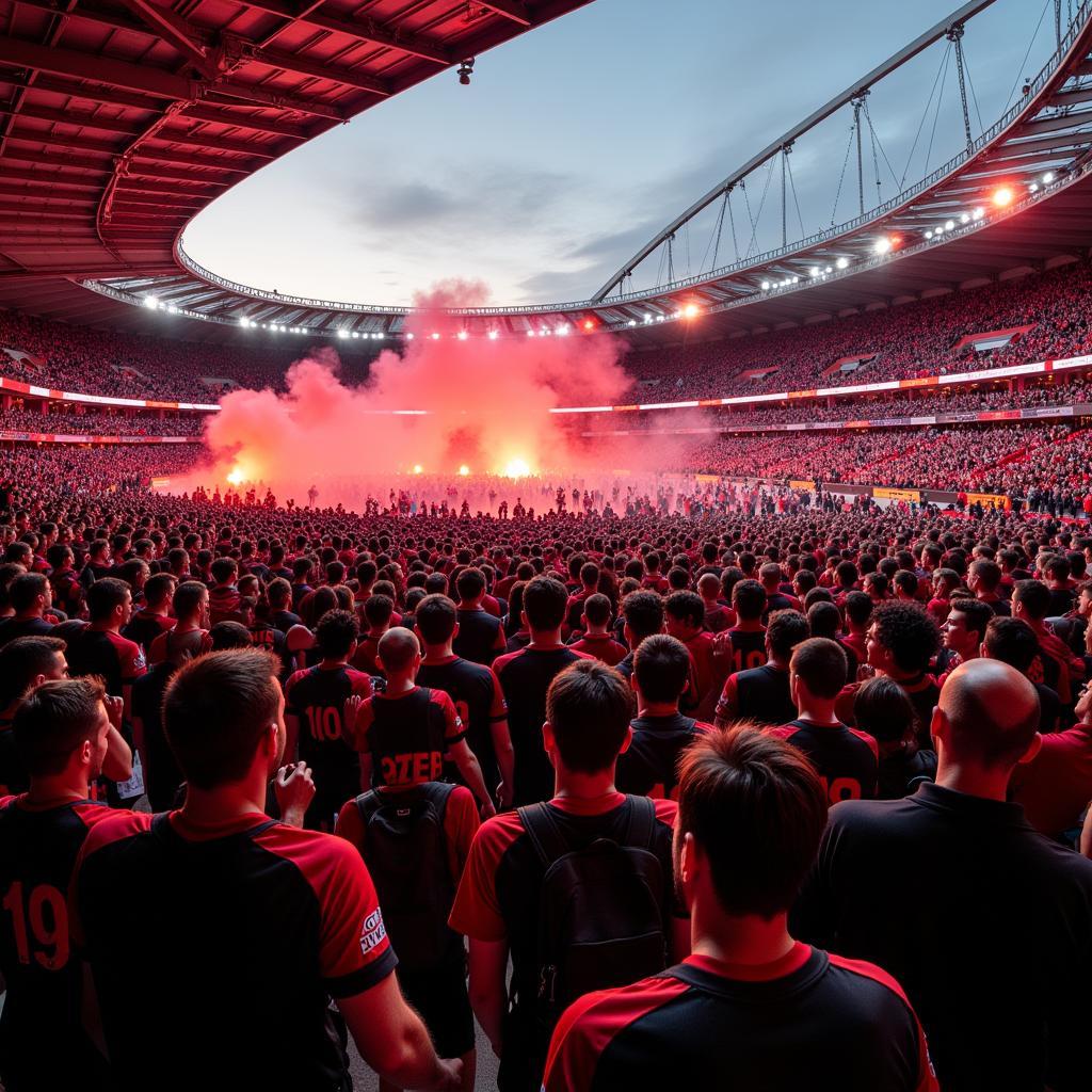 Fans in schwarz-roten Farben strömen zur BayArena an der stixchesstraße