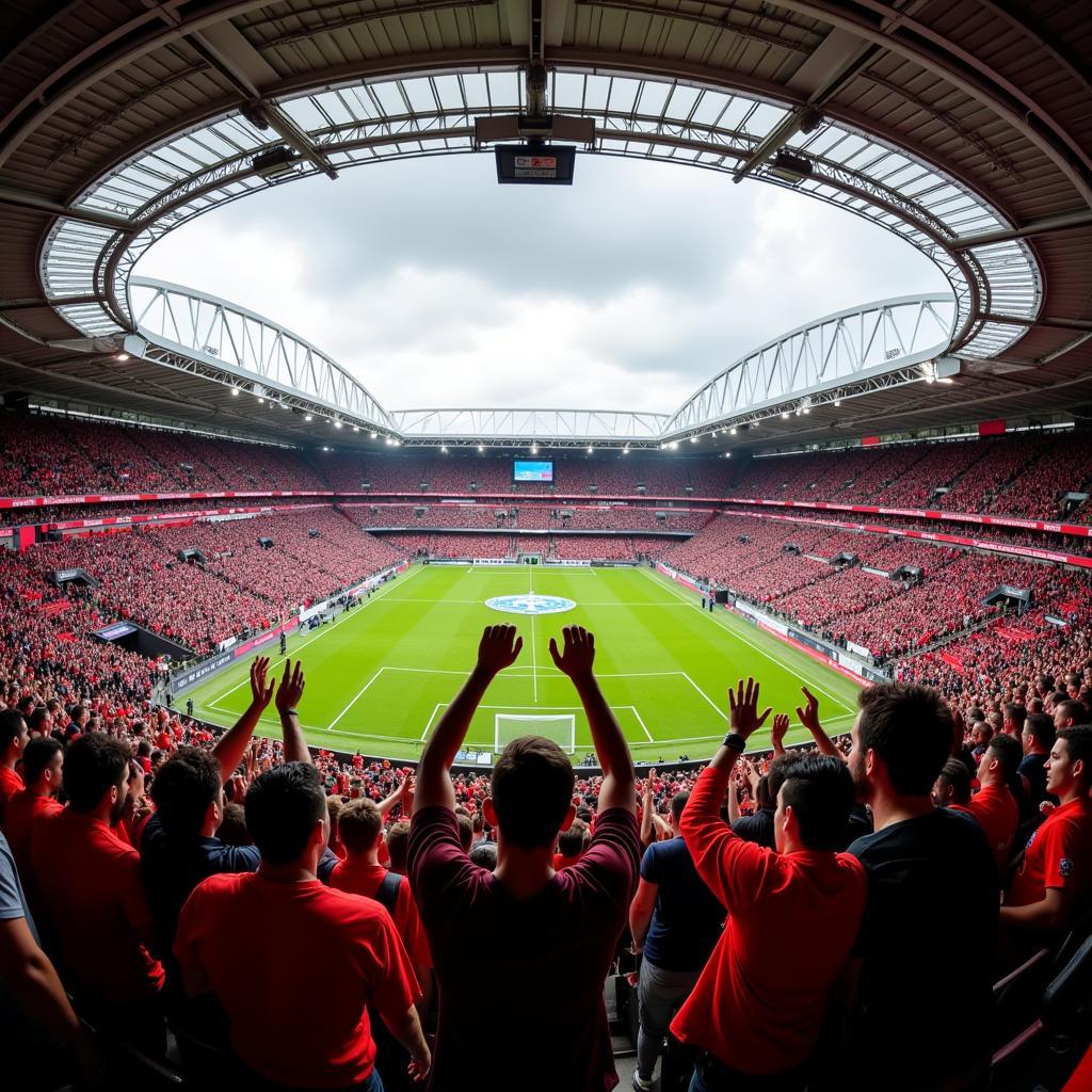 Fans jubeln in der BayArena