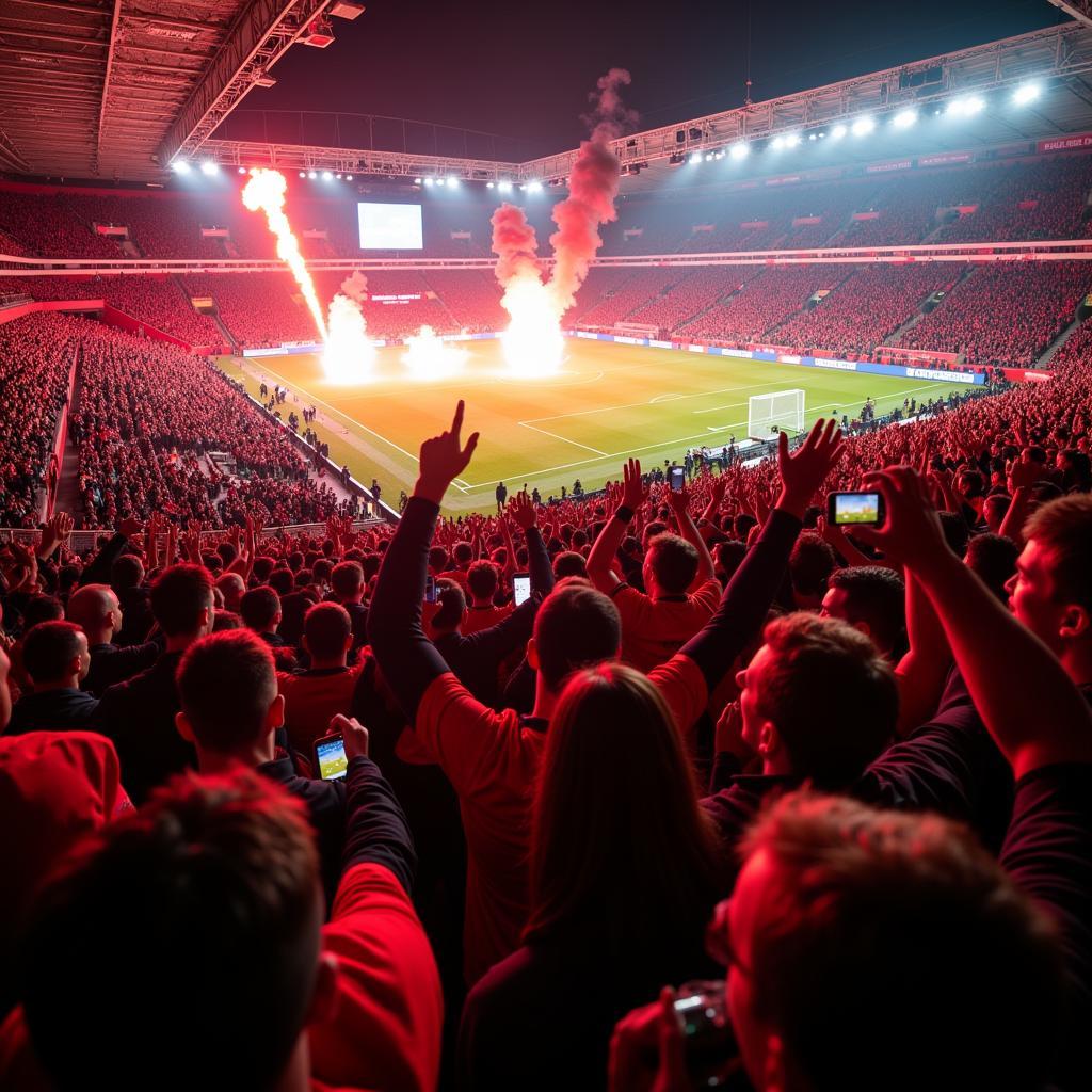 Fans in den Farben von Bayer 04 Leverkusen feiern in der BayArena ein Tor