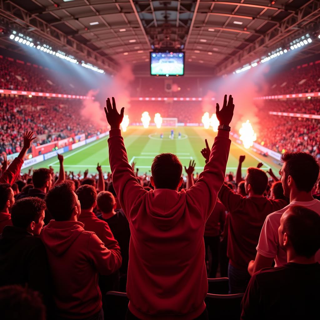 Fans feiern in der BayArena Leverkusen