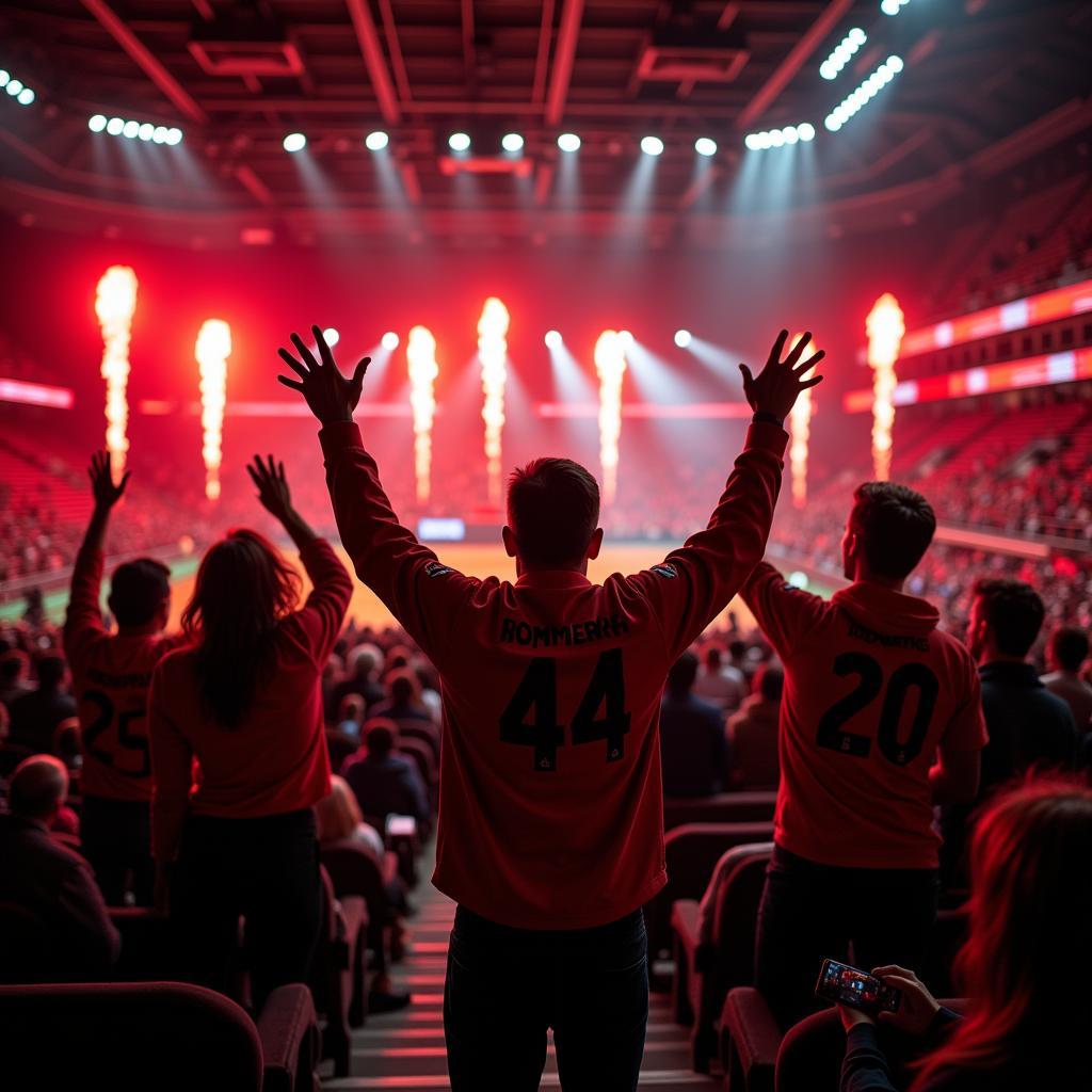 Fans von Bayer 04 Leverkusen feiern in der BayArena