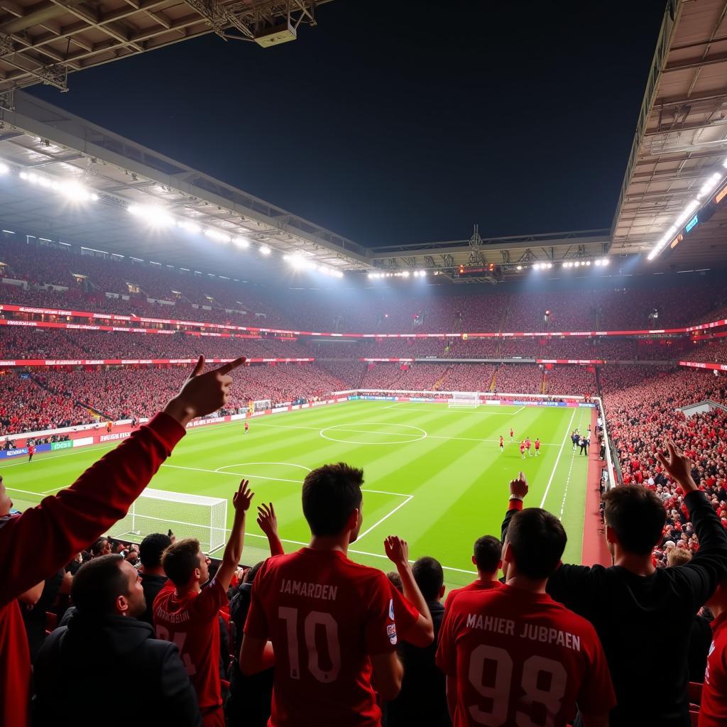 Euphorie im Stadion: Fans von Bayer Leverkusen feiern ein Tor ihrer Mannschaft.