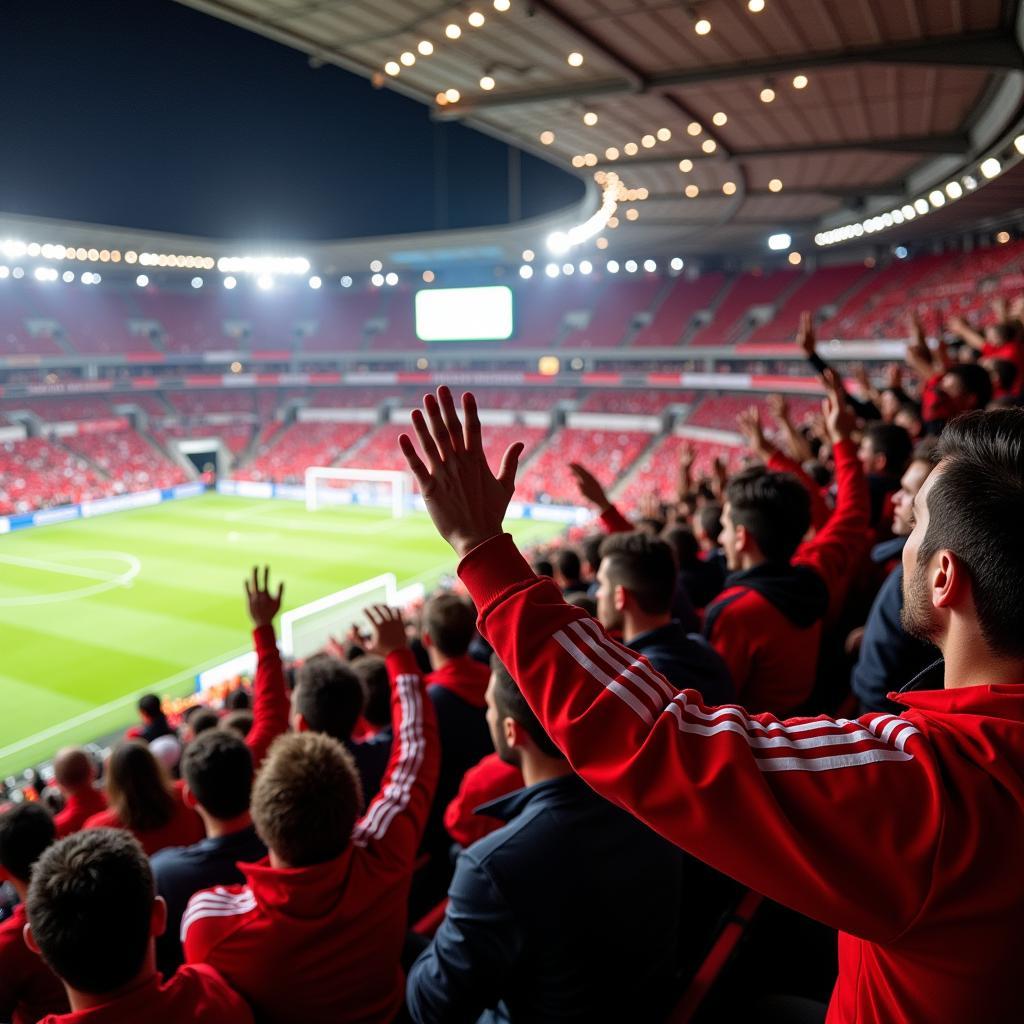 Fans von Bayer Leverkusen feiern im Stadion