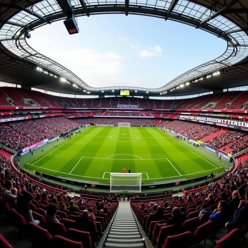 Fans von Bayer Leverkusen im Stadion mit Wittenstein Banner