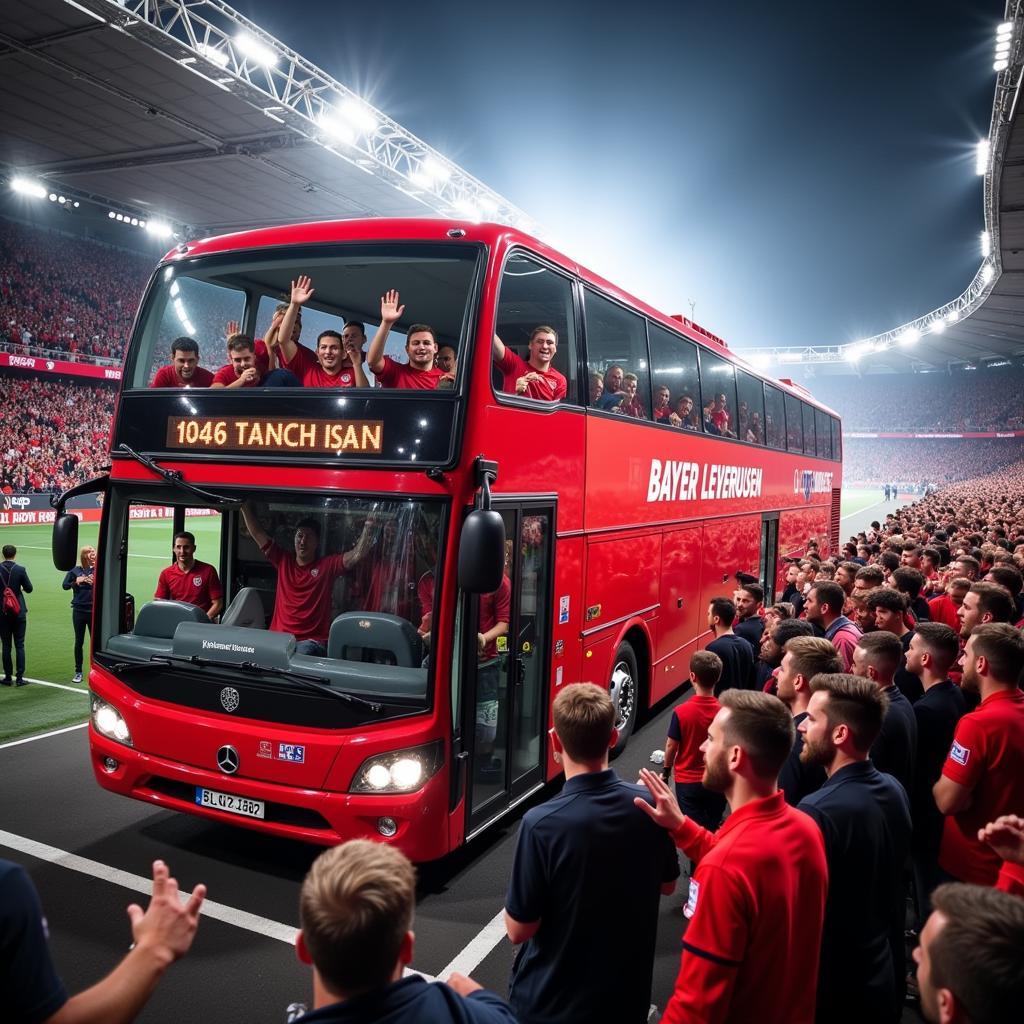 Fans begrüßen den Bayer Leverkusen Bus