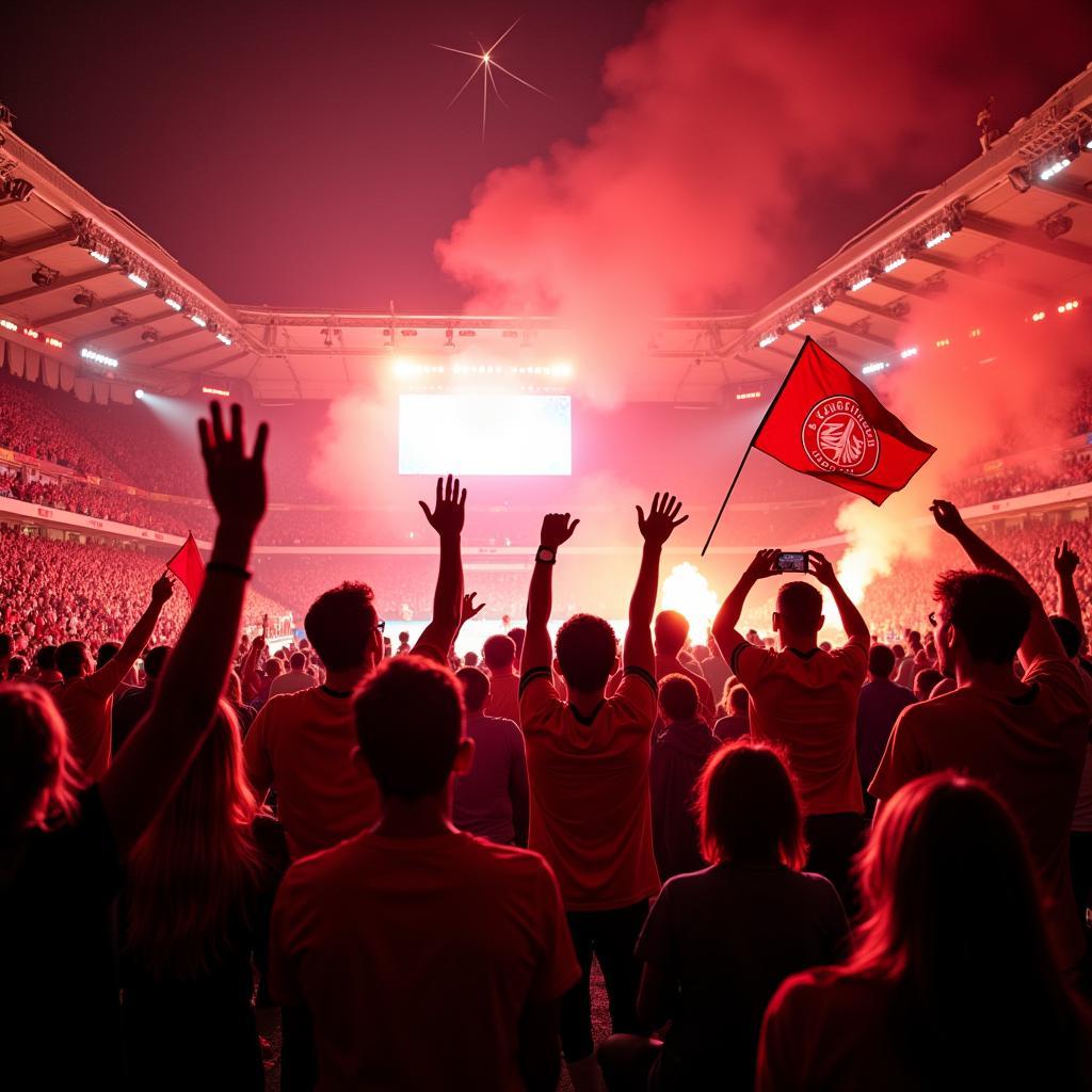 Euphorische Fans feiern einen Sieg von Bayer Leverkusen