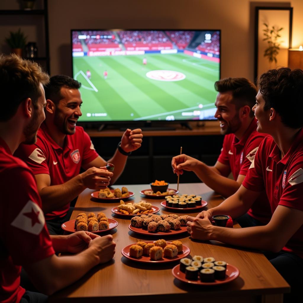 Fans essen Sushi beim Spiel