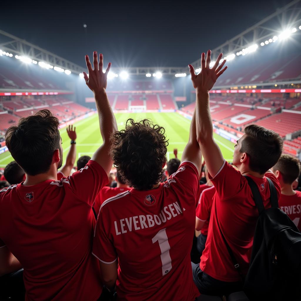 Fans feiern in der BayArena bei einem Champions League Spiel