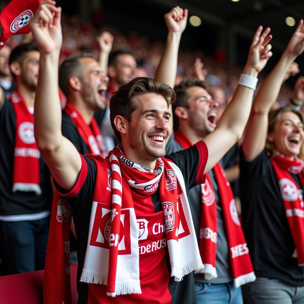 Fans feiern den Sieg von Bayer Leverkusen am 19.08.