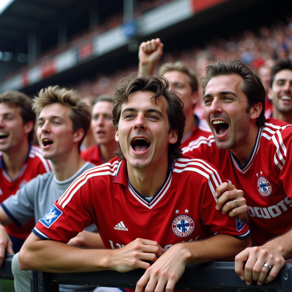 Fans feiern ausgelassen im Stadion bei einem Leverkusen-Spiel in den 90ern