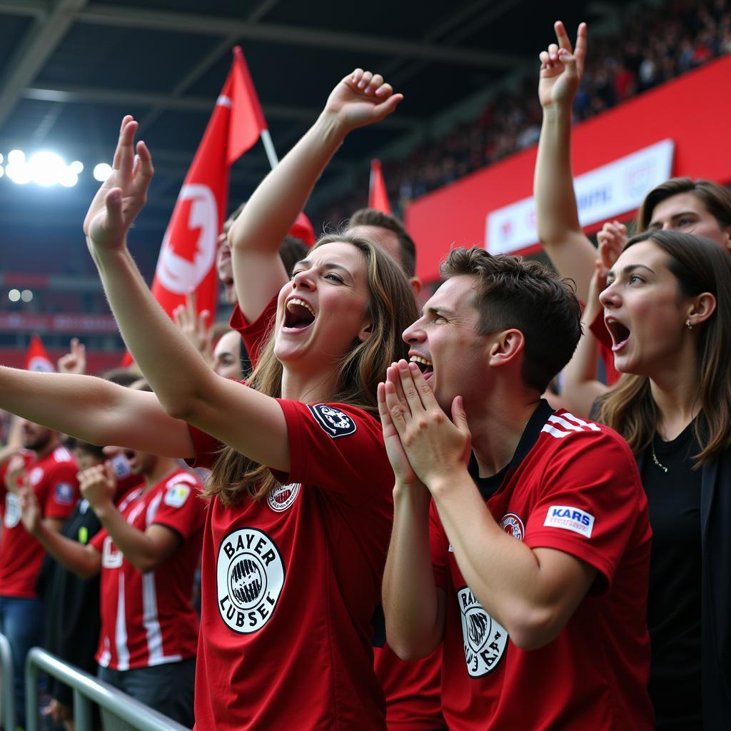 Fans feiern ein Tor in der BayArena