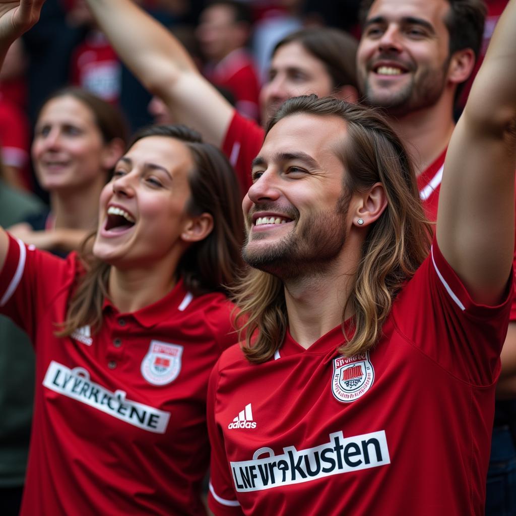 Fans feiern gemeinsam in der BayArena