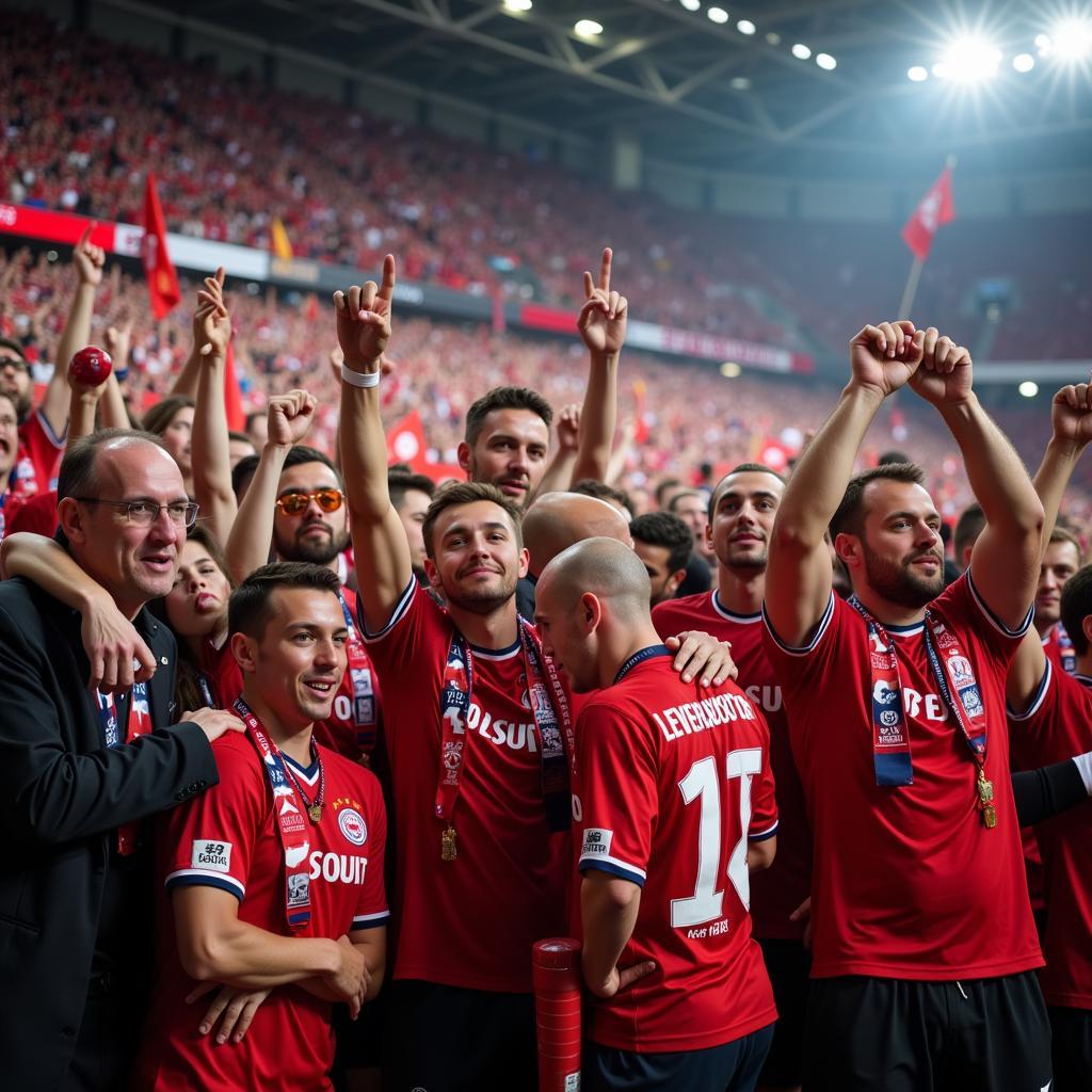 Feiernde Fans im Stadion von Bayer 04 Leverkusen