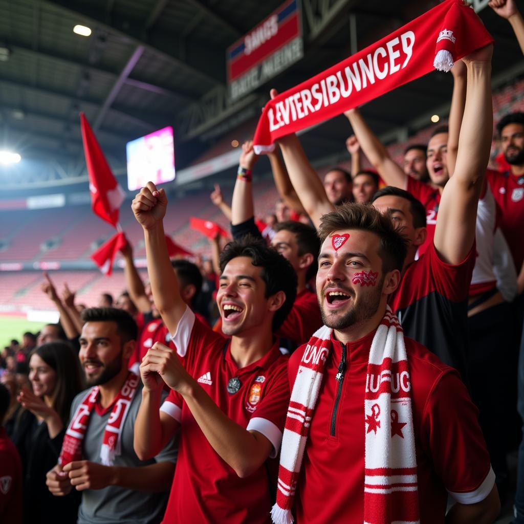 Euphorische Fans von Bayer Leverkusen feiern im Stadion einen Sieg