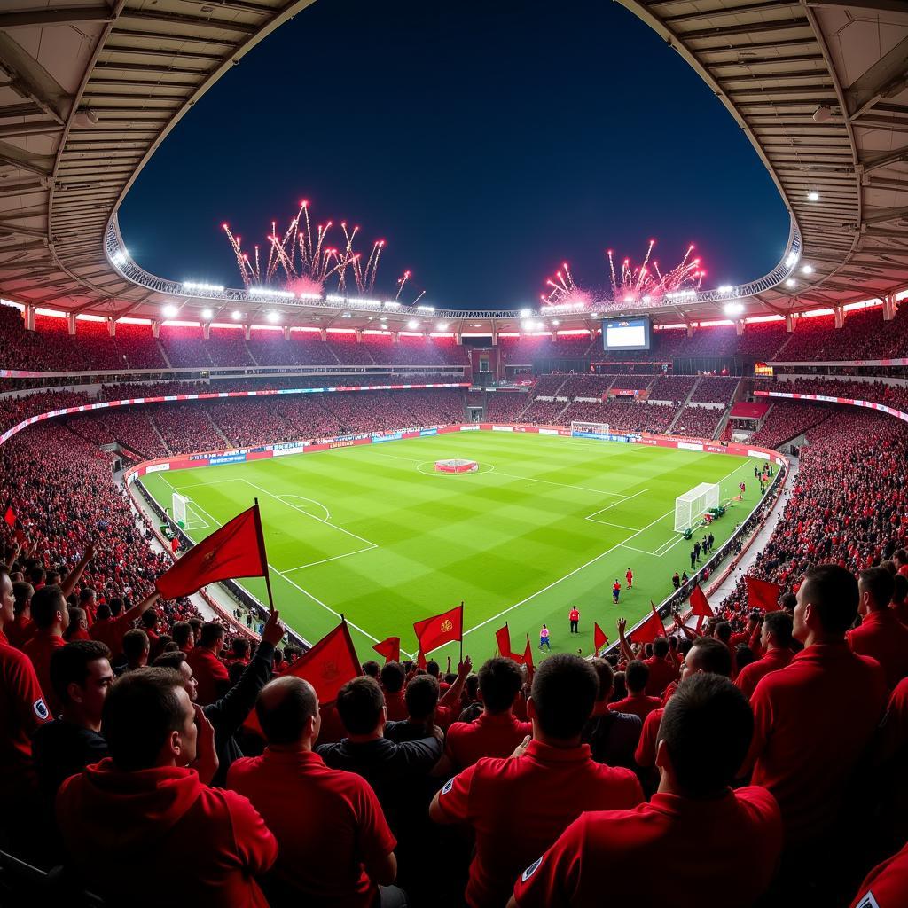 Fans von Bayer Leverkusen feiern in der BayArena