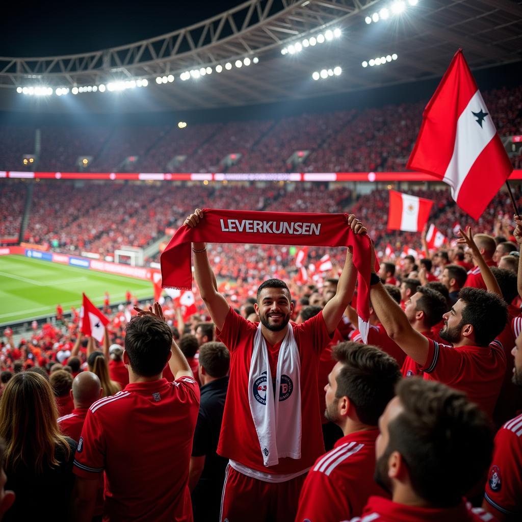 Die Fans von Bayer 04 Leverkusen feiern einen Sieg in der BayArena.