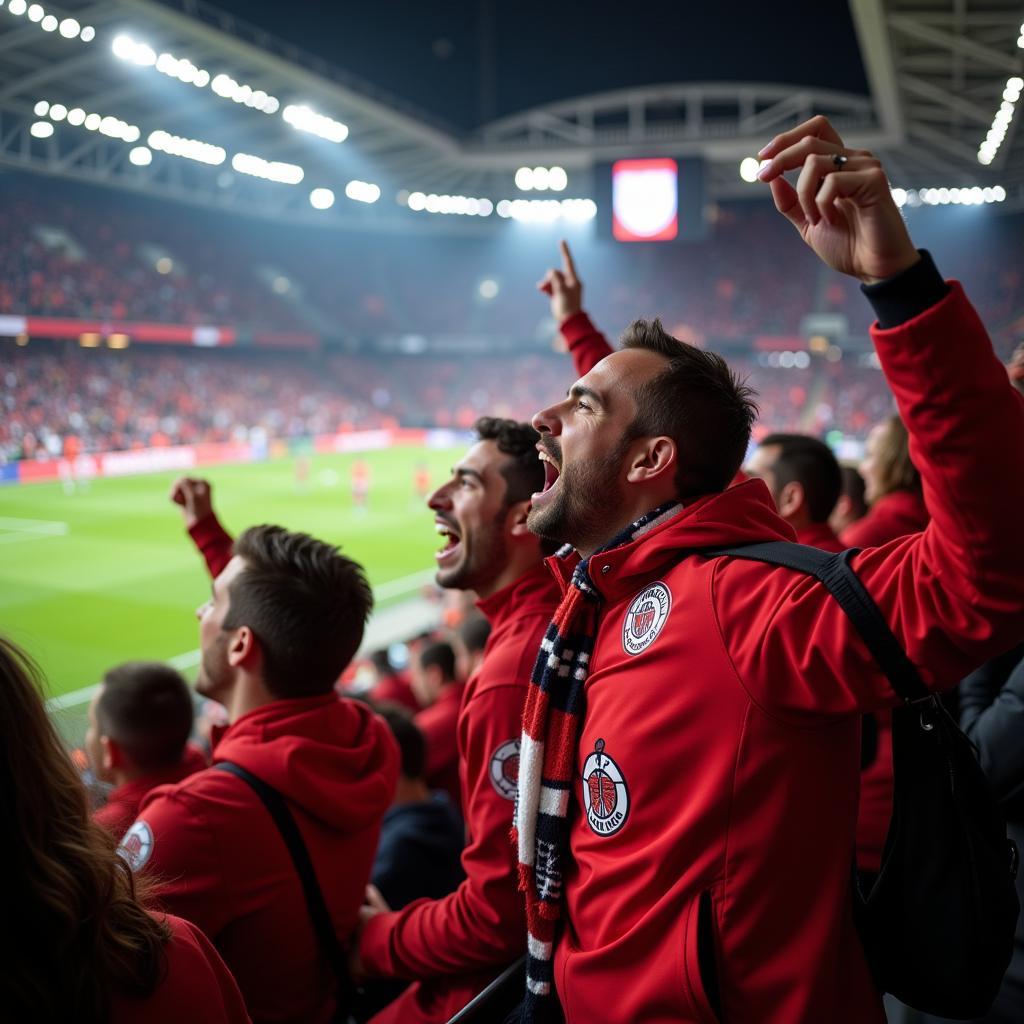 Fans feiern ein Tor in der BayArena