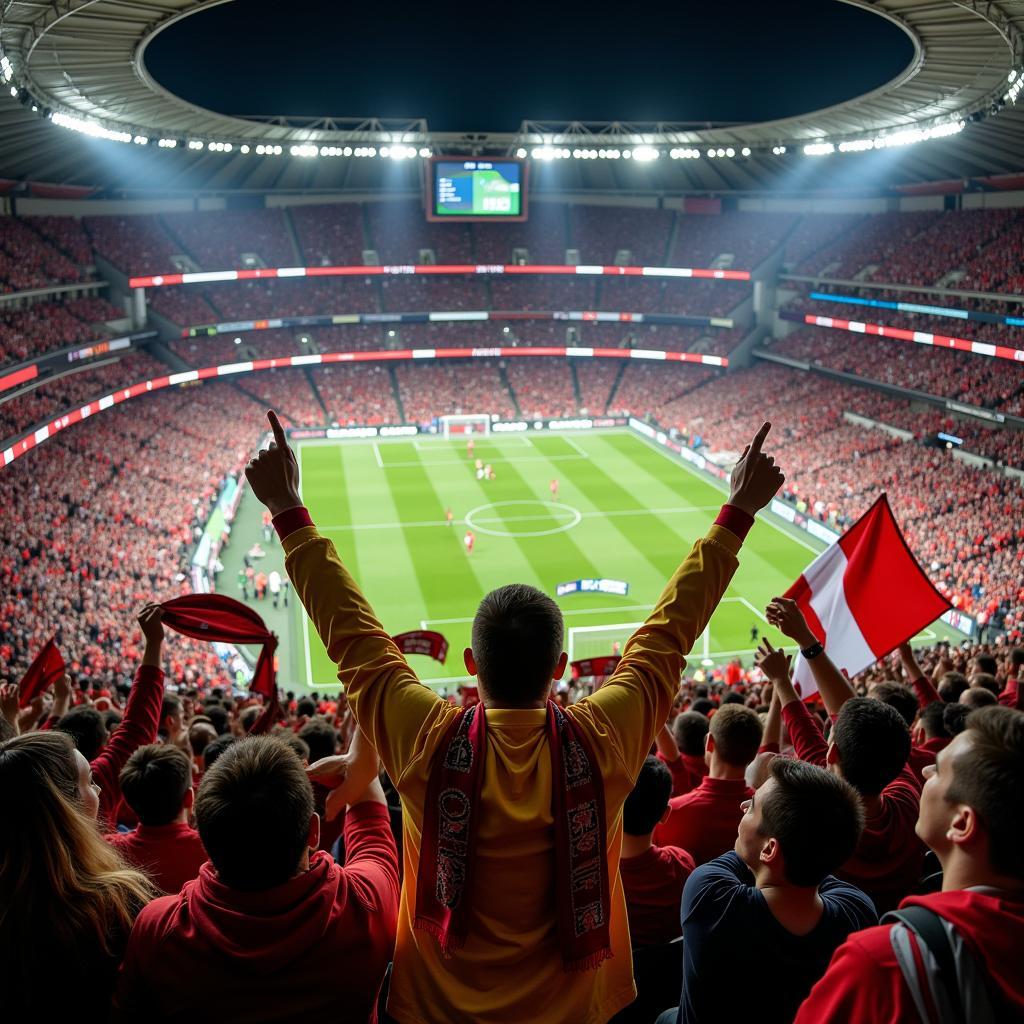 Fans feiern ein Tor in der BayArena mit Fahnen und Schals.