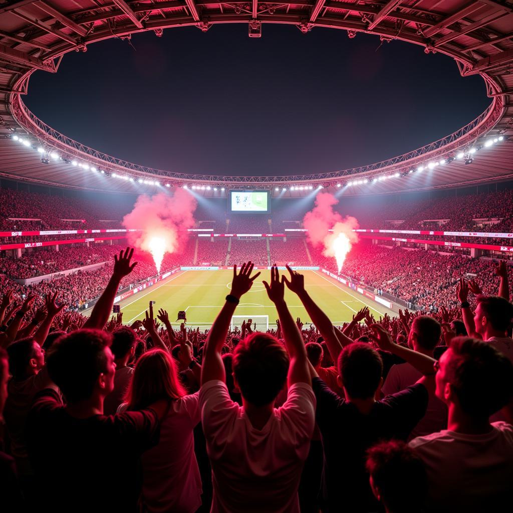 Fans feiern ein Tor in der BayArena Leverkusen