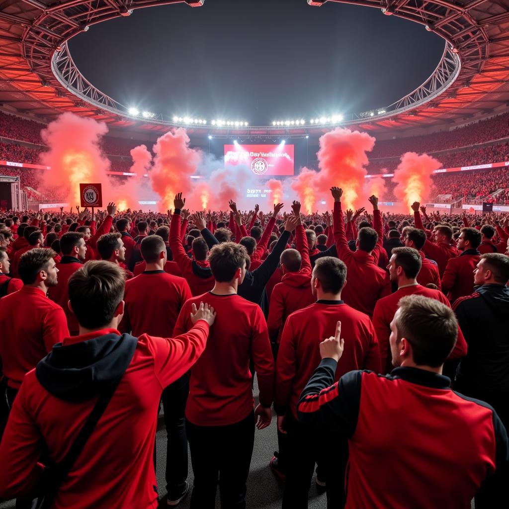 Fans feiern in der Nähe der BayArena