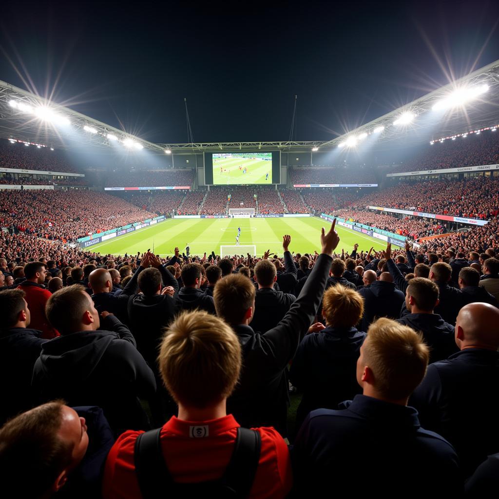 Fans feiern Leverkusen Tor beim Public Viewing