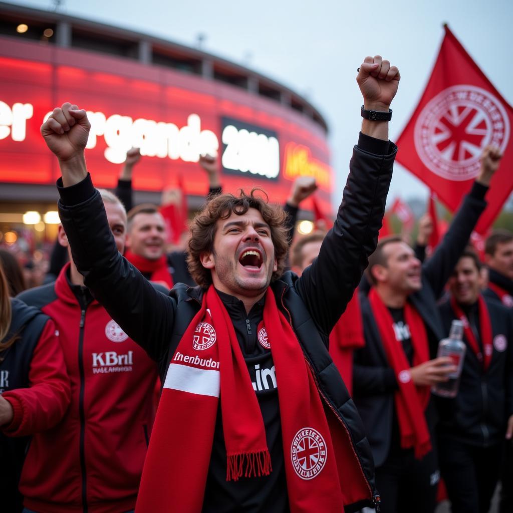 Die Fans von Bayer 04 Leverkusen feiern einen wichtigen Sieg vor der beeindruckenden Kulisse der BayArena.