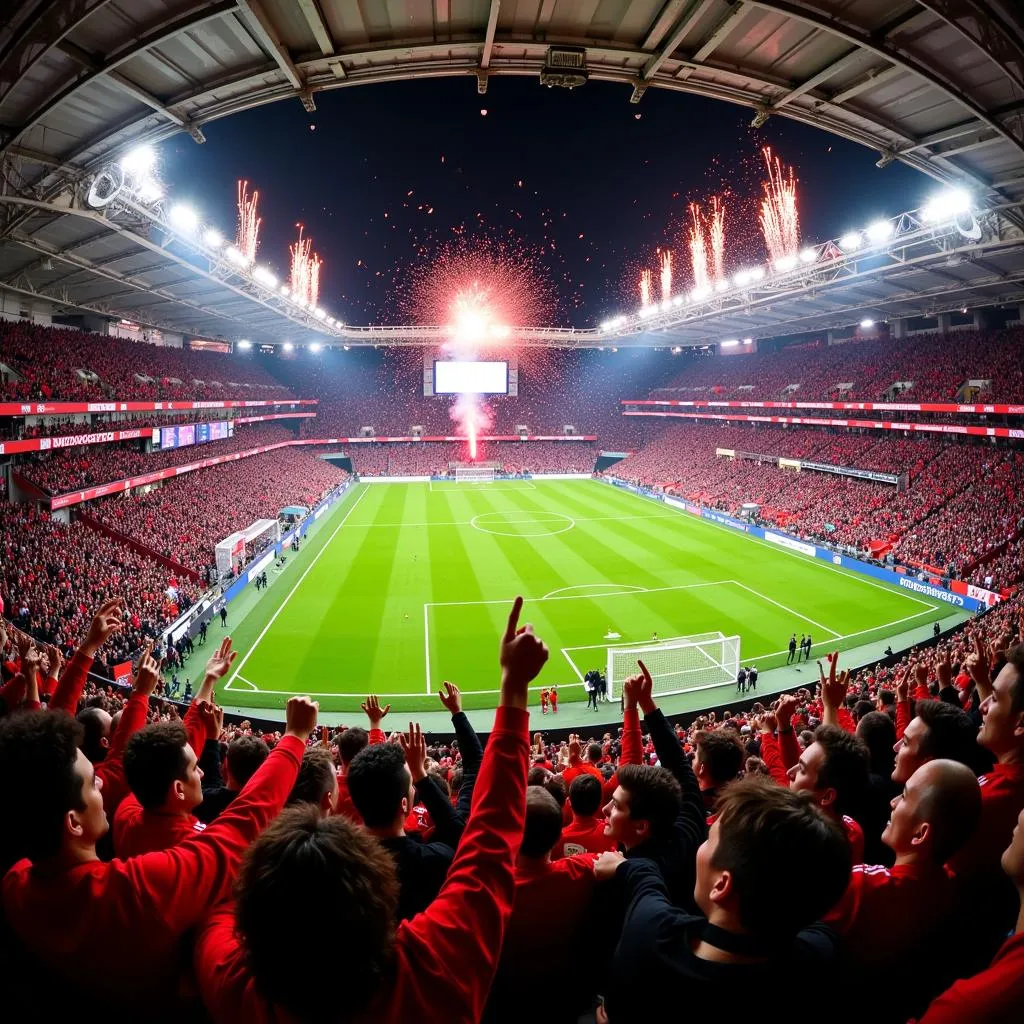 Fans feiern Sieg in der BayArena