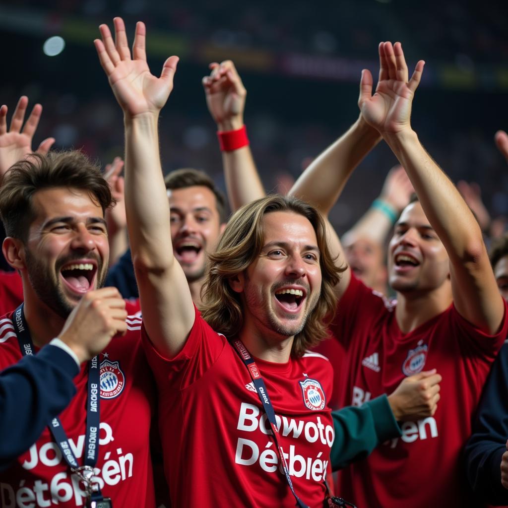 Fans von Bayer 04 Leverkusen feiern einen Sieg in der BayArena.