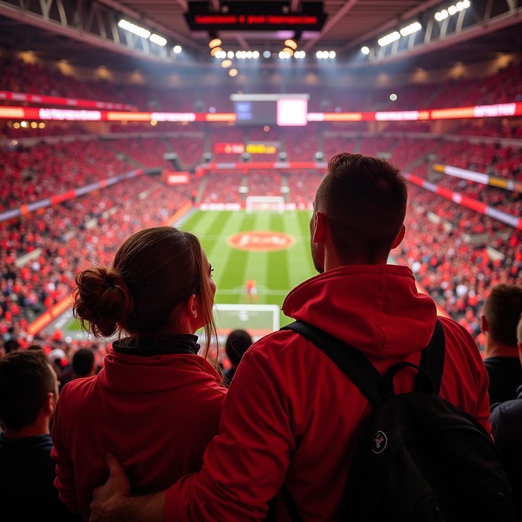 Jubelnde Fans feiern einen Sieg von Bayer Leverkusen in der BayArena