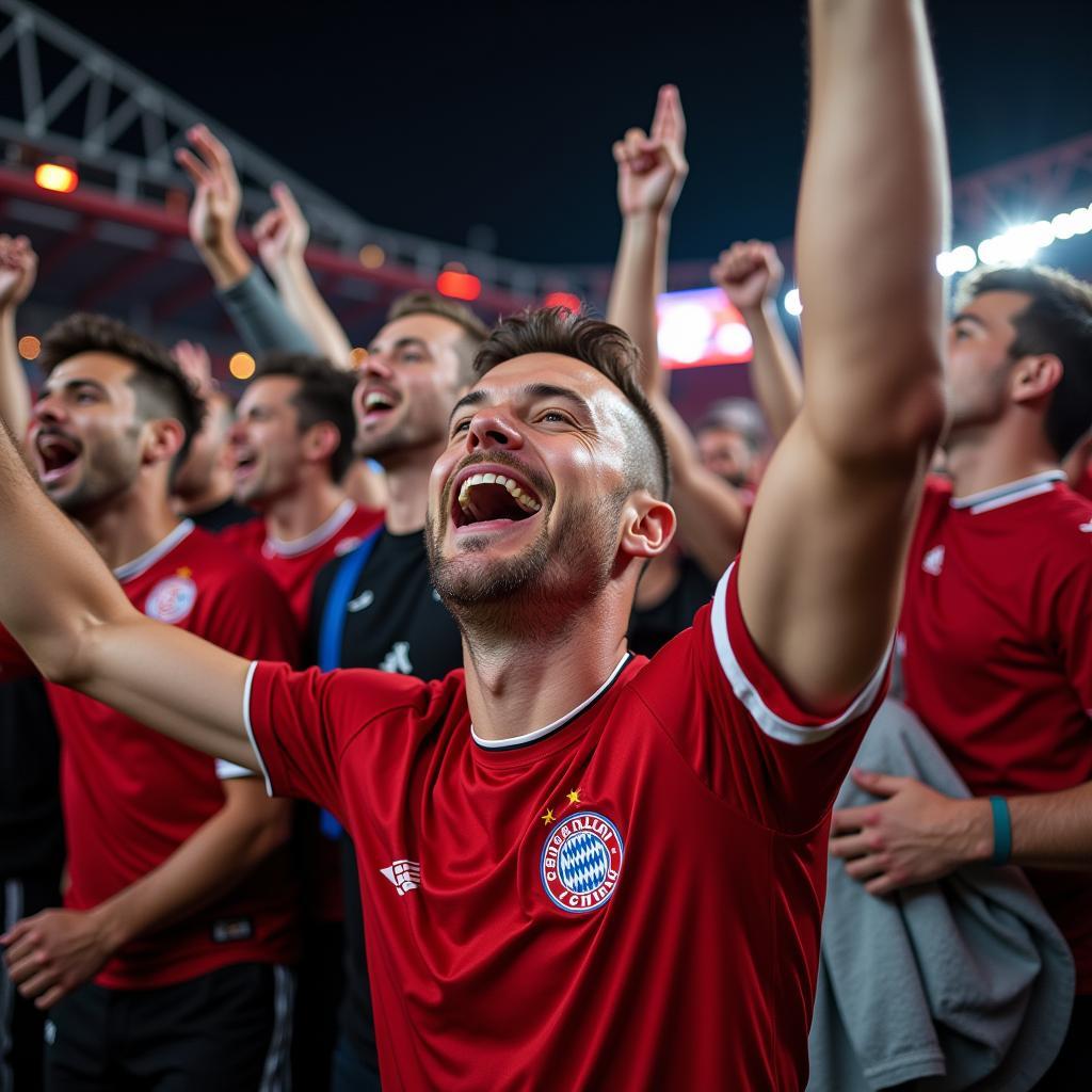 Euphorische Fans feiern ein Tor in der BayArena an der Baumberger Straße