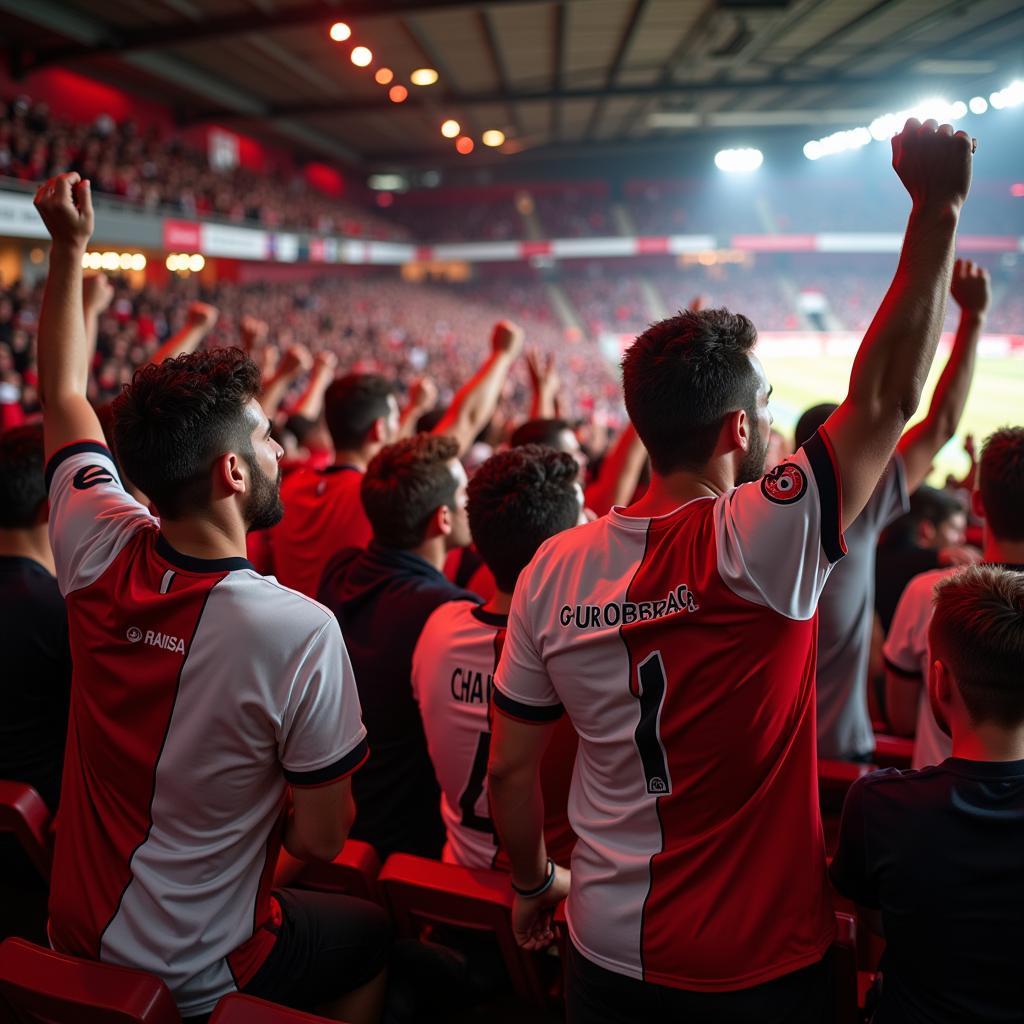 Fans feiern ein Tor in der BayArena