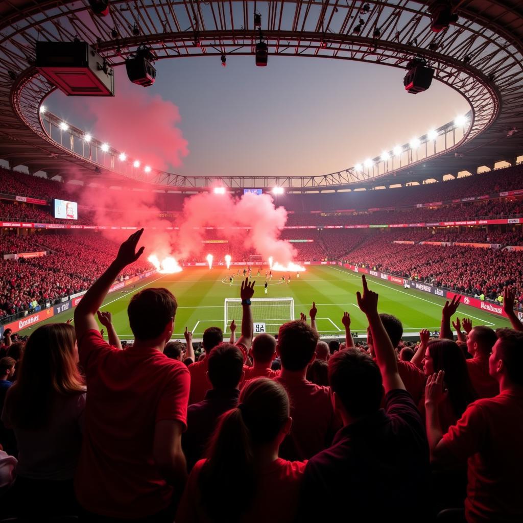 Jubelnde Fans von Bayer Leverkusen nach einem Tor