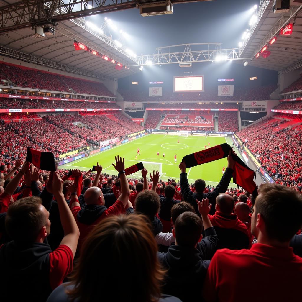 Fans in der BayArena feiern ein Tor der Werkself mit schwarz-roten Fahnen und Schals