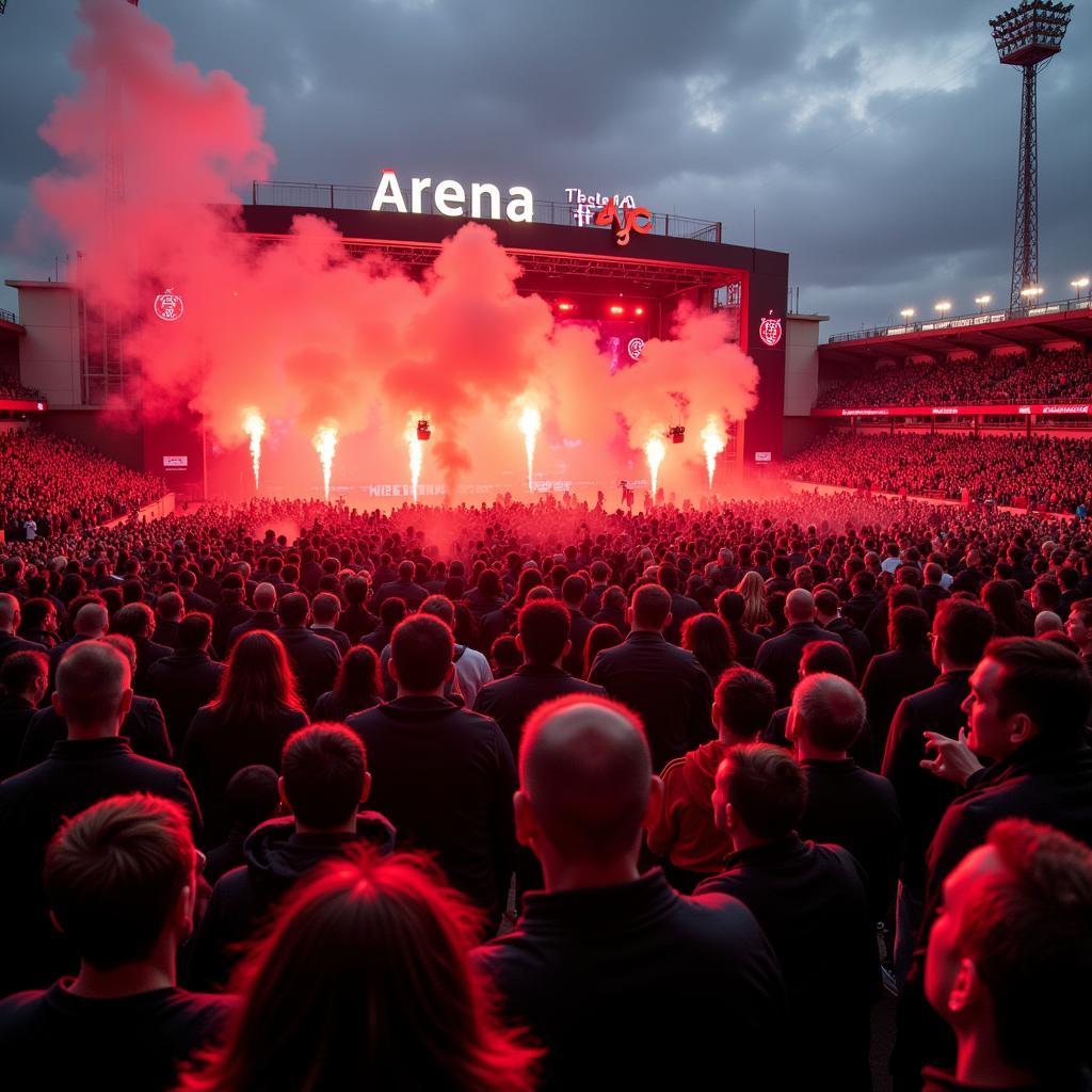 Fans in schwarz-roten Farben feiern vor der BayArena an der August-Macke-Str. 1.