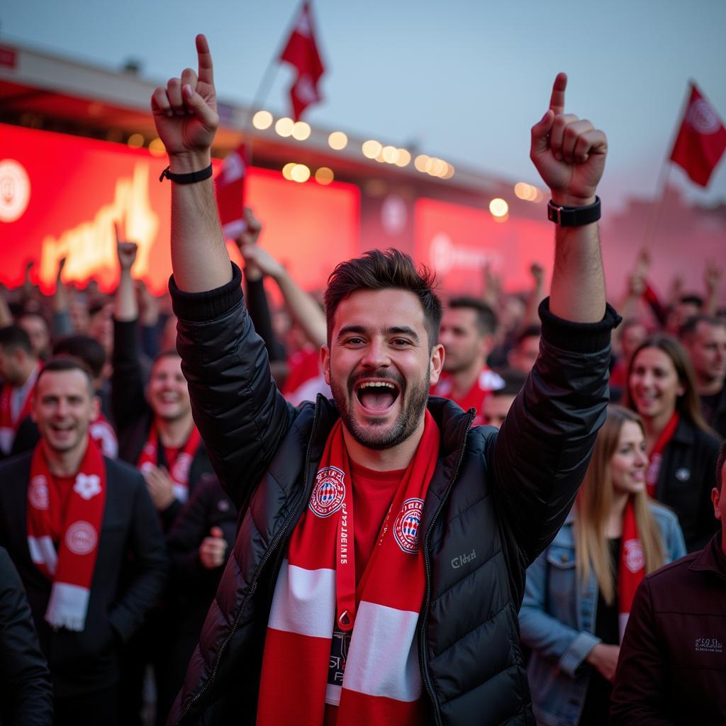 Fans feiern einen Sieg vor dem Stadion