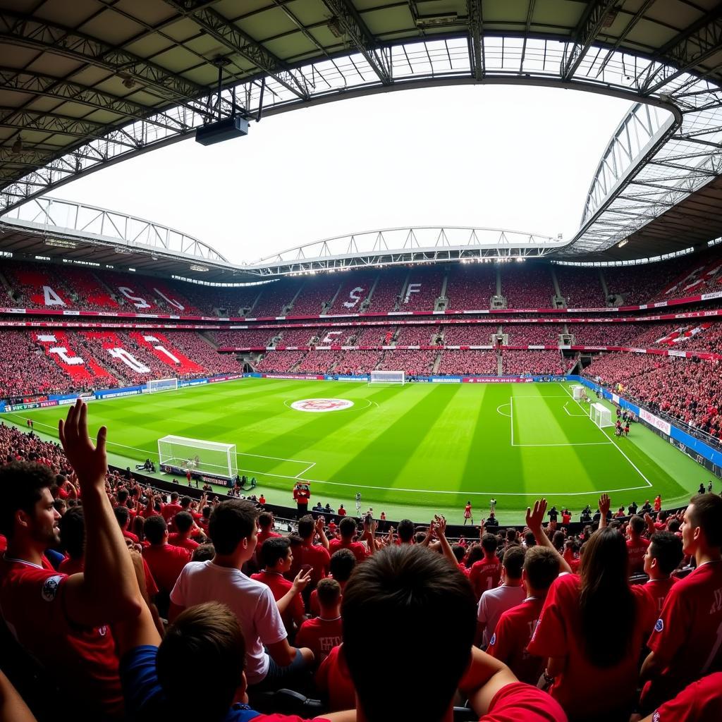 Fans von Bayer Leverkusen fiebern im Stadion mit