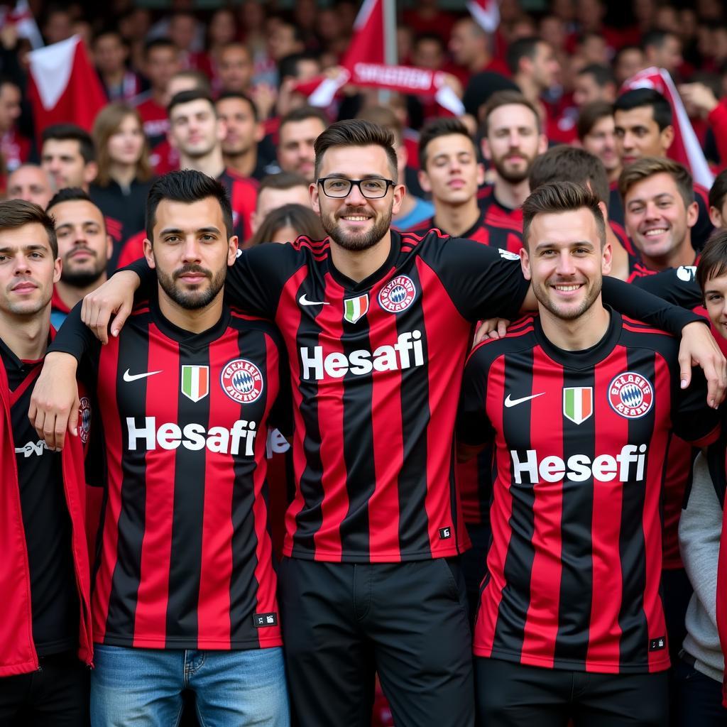 Fans tragen stolz das 11 Streifen Heimtrikot von Bayer Leverkusen.