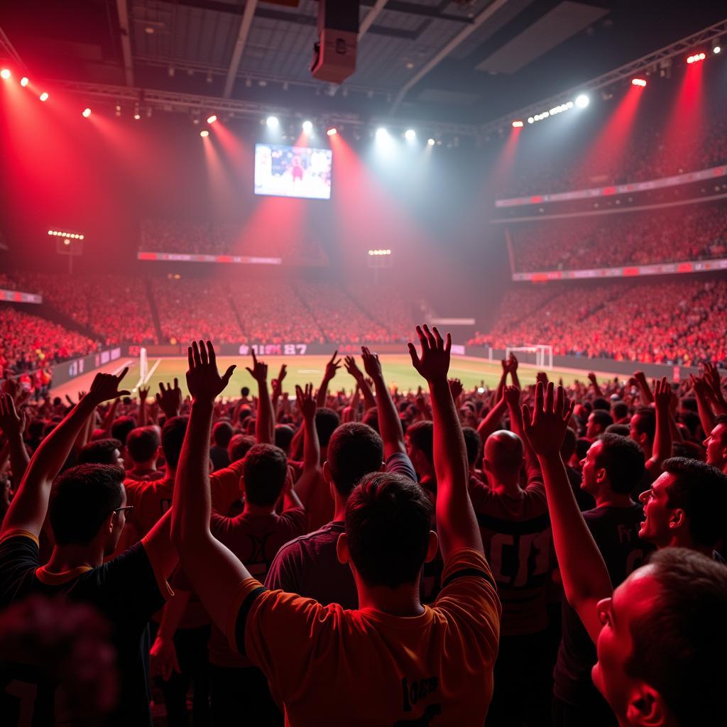 Euphorische Fans von Bayer 04 Leverkusen feiern einen Treffer in der BayArena