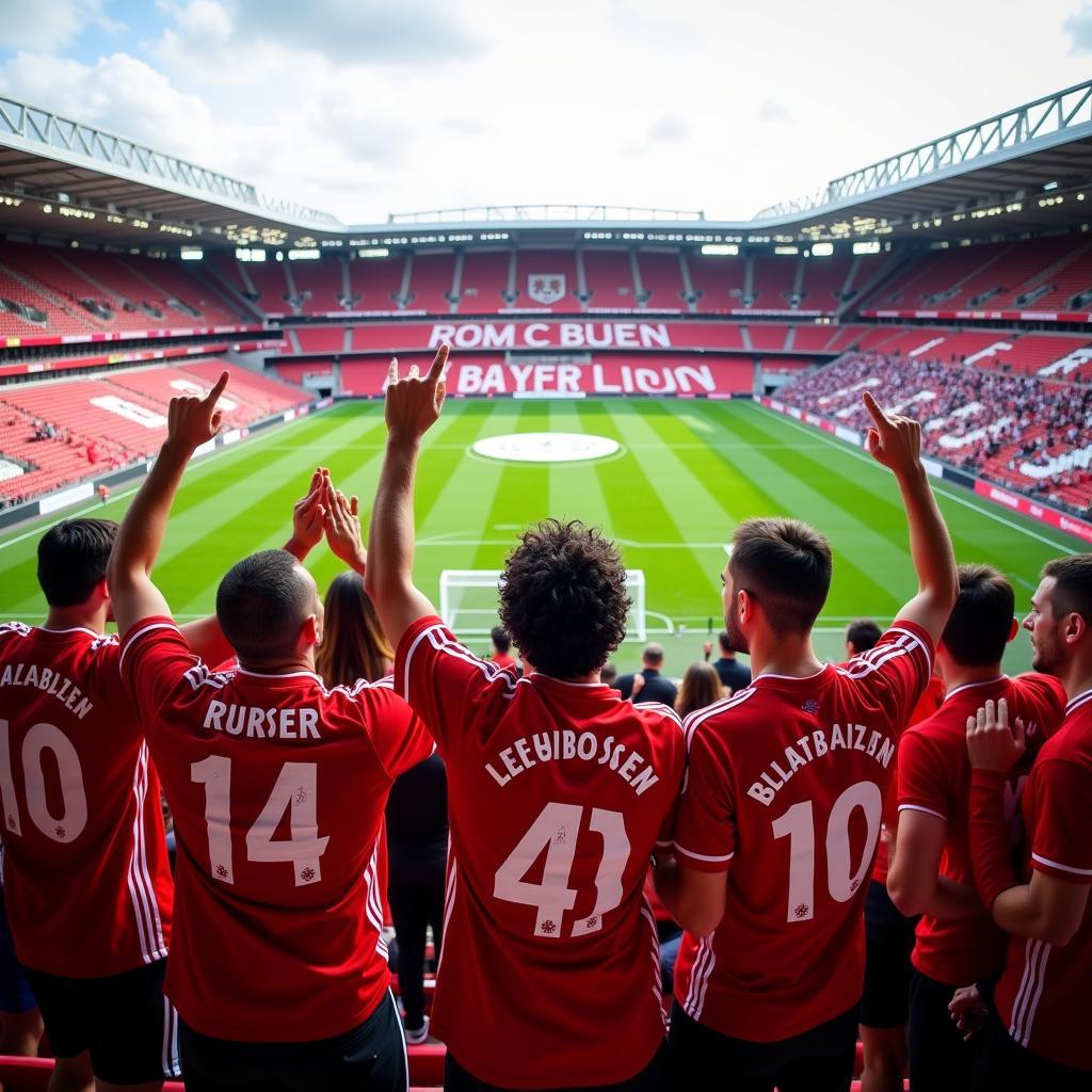 Fans im Stadion mit Bayer Leverkusen Trikots