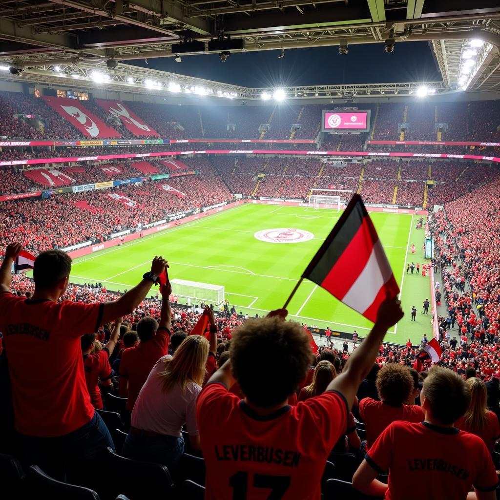 Fans von Bayer Leverkusen feiern in der BayArena