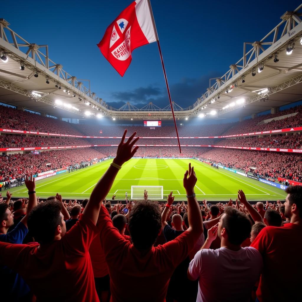 Jubelnde Leverkusen Fans in der BayArena