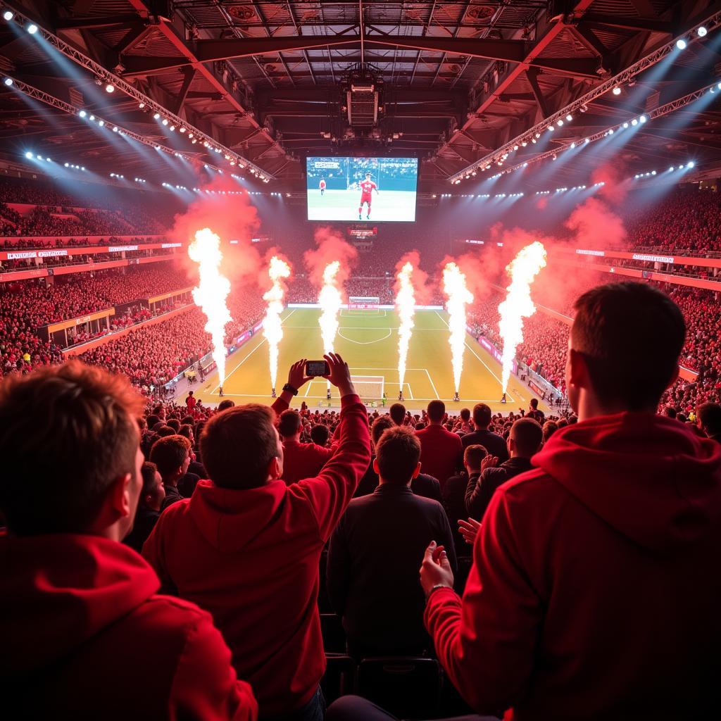 Fans in der BayArena feiern ein Tor