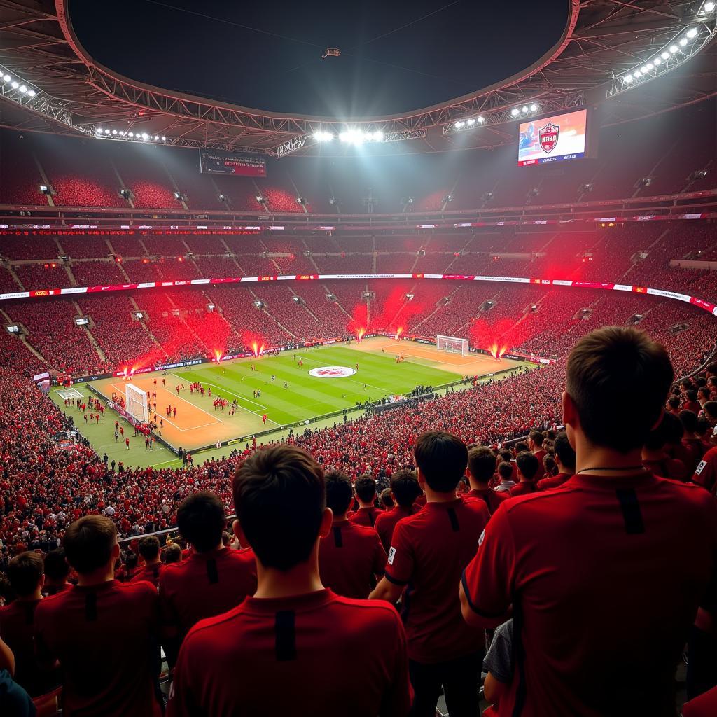 Leverkusen Fans in dunkelroten Trikots im Stadion