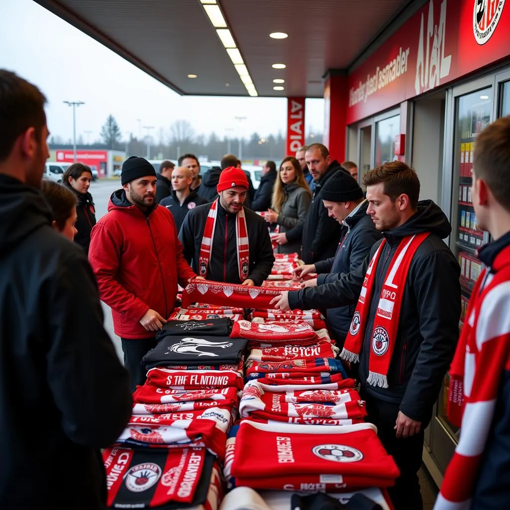 Fans kaufen Fanartikel in der Aral Tankstelle Leverkusen