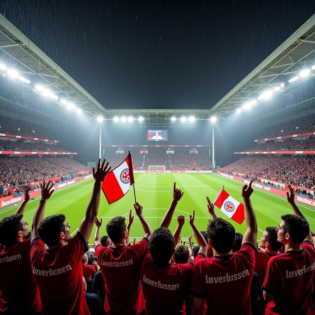 Fans von Bayer Leverkusen jubeln im Regen