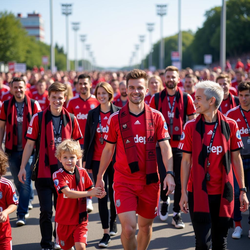 Fußballfans von Bayer Leverkusen unterwegs zum Stadion