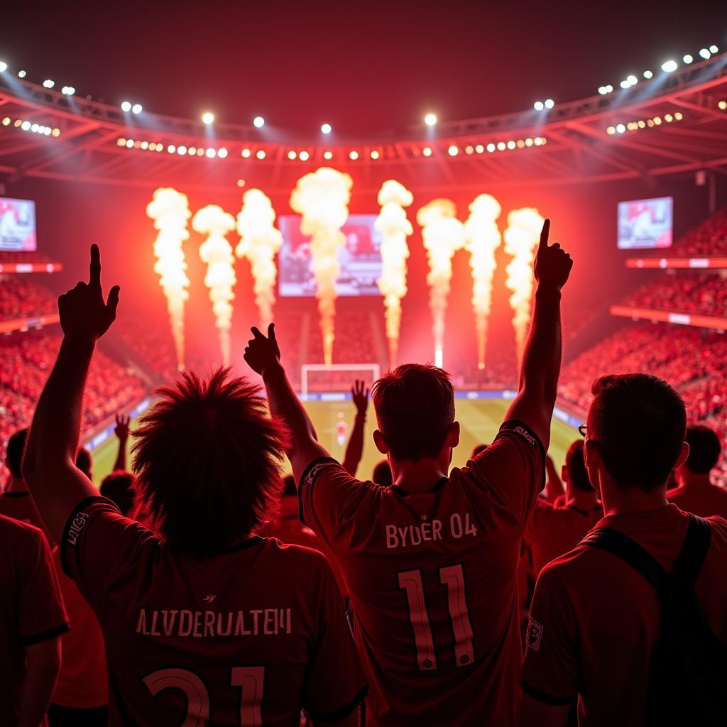 Fans von Bayer 04 Leverkusen feiern im Stadion